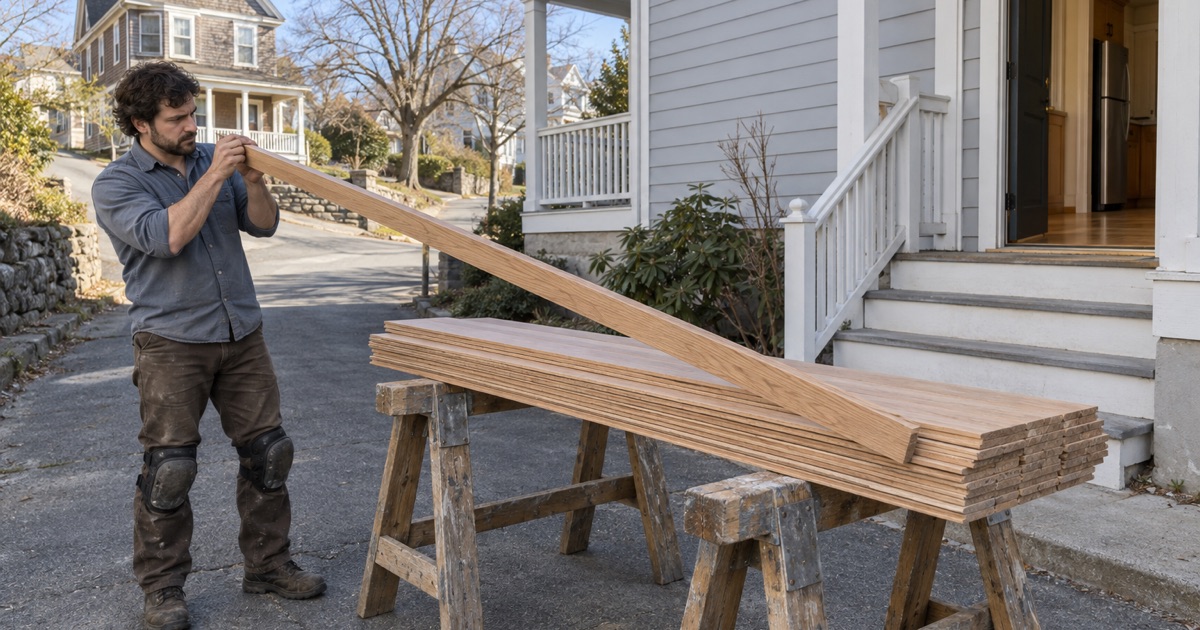 Worker sorting new oak flooring boards on sawhorses in the driveway of a two-family house on a Medford hillside street.