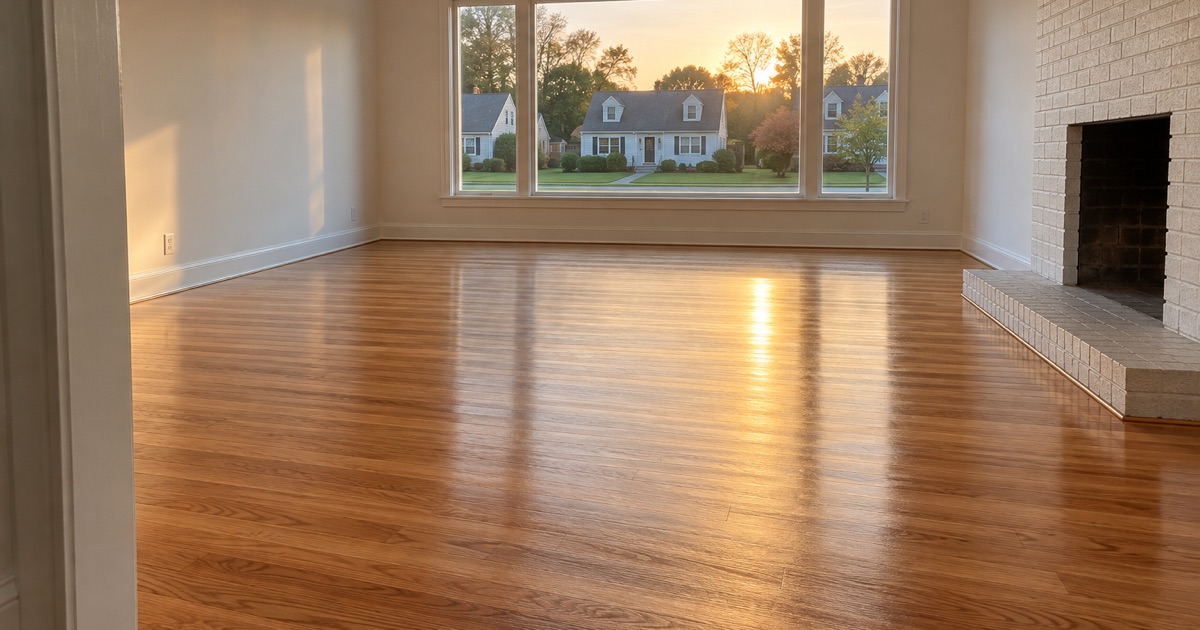 Refinished red oak floor in the living room of a postwar Cape in Medford at dusk, light from the picture window across the boards.