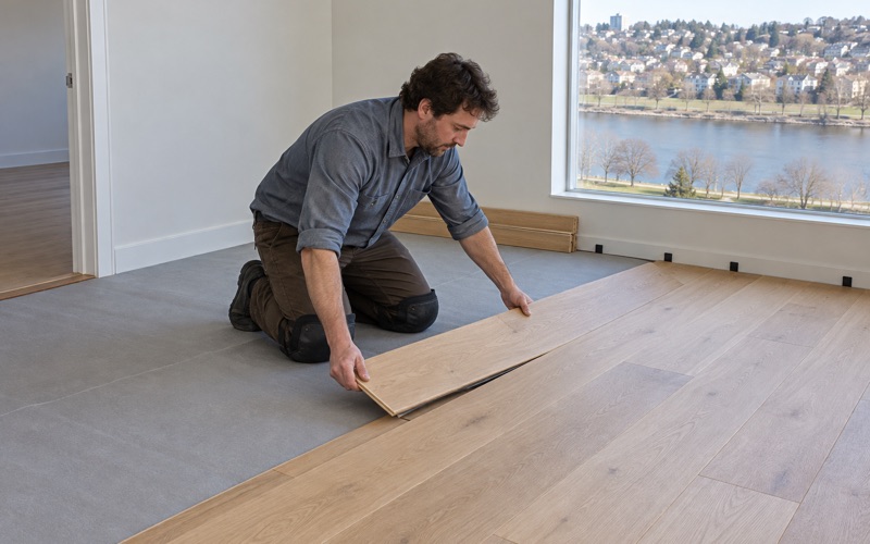 Worker angling a wide engineered white oak plank into place in a condominium in a newer Medford apartment building by the river.