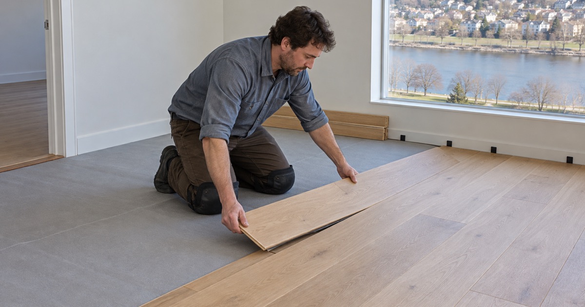 Worker angling a wide engineered white oak plank into place in a condominium in a newer Medford apartment building by the river.