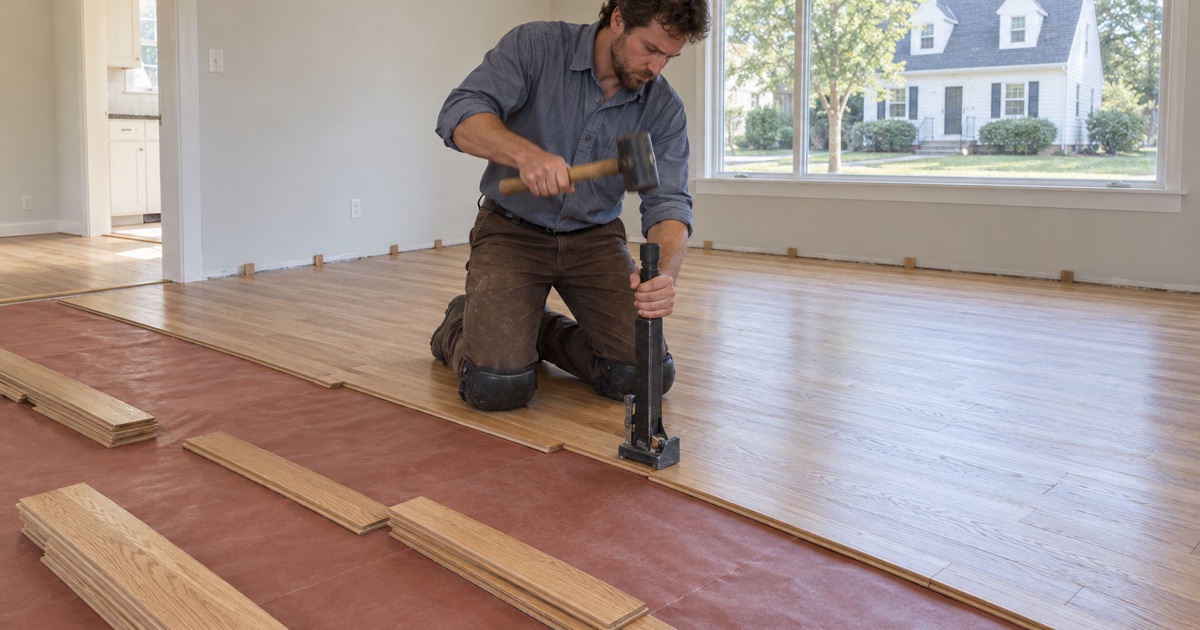 Worker nailing new red oak strip flooring with a manual flooring nailer in the living room of a postwar Cape in Medford.