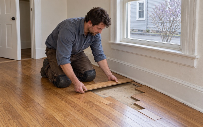 Worker lacing new oak strips into a bedroom floor in Medford where a removed radiator's pipe holes were, the joints staggered.