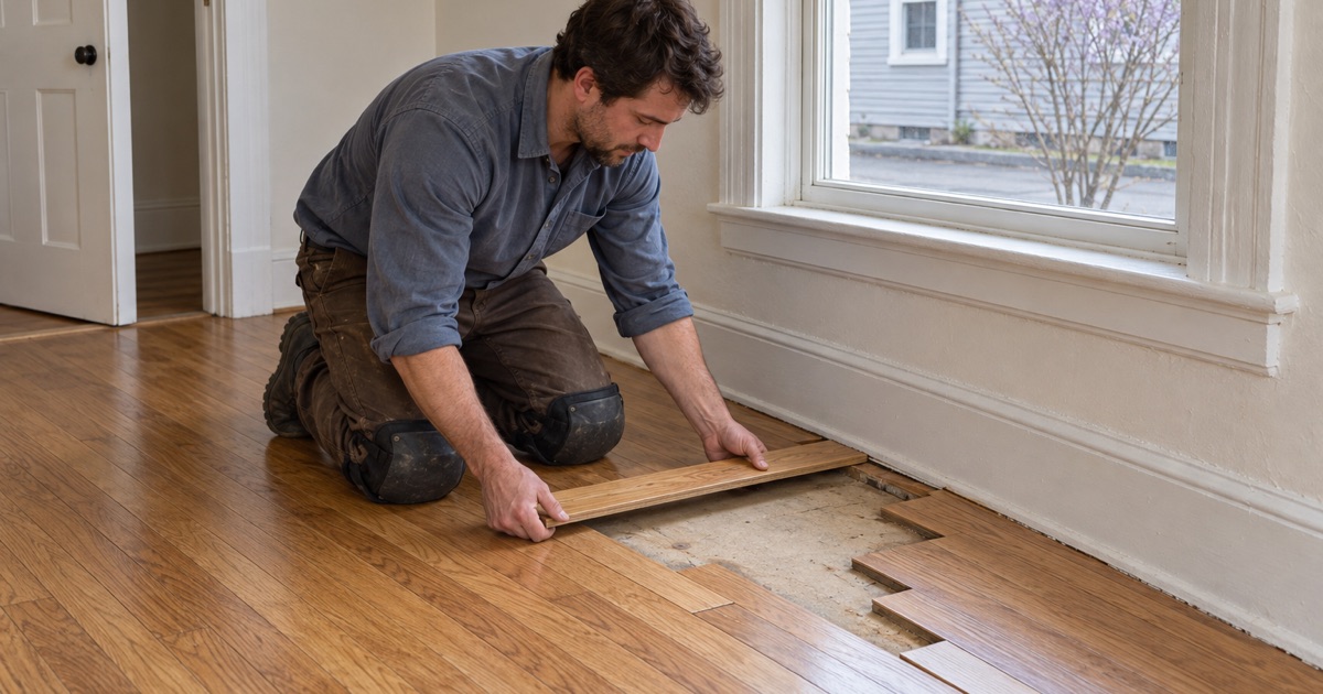 Worker lacing new oak strips into a bedroom floor in Medford where a removed radiator’s pipe holes were, the joints staggered.