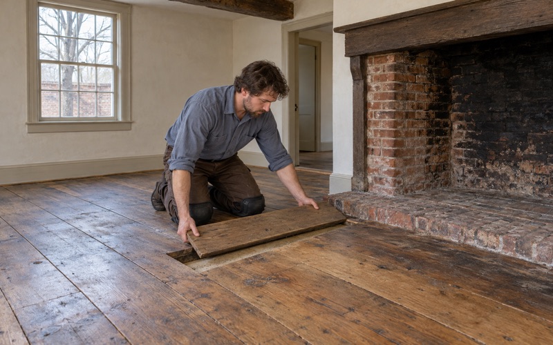 Worker fitting a salvaged wide pine board into an old mixed-width pine floor beside the hearth of a very old house in Medford.