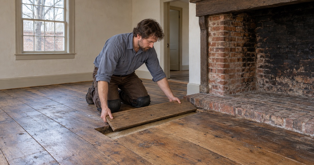 Worker fitting a salvaged wide pine board into an old mixed-width pine floor beside the hearth of a very old house in Medford.