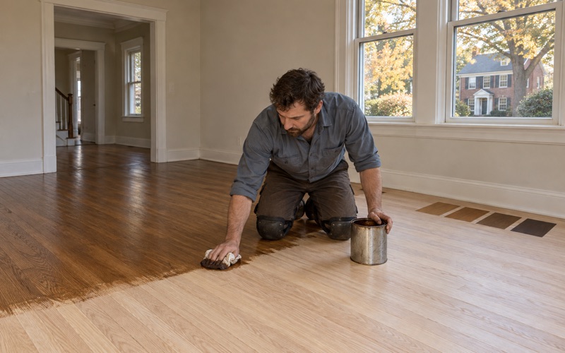Worker wiping stain along the grain of a sanded oak floor beside stain test squares in a Medford Colonial Revival house.