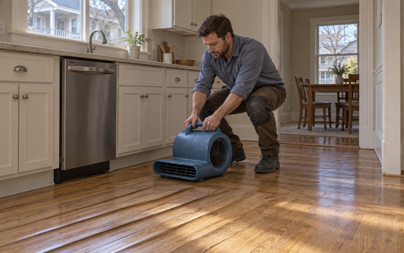 Worker setting an air mover to dry cupped oak boards in a Medford kitchen after a dishwasher overflow.