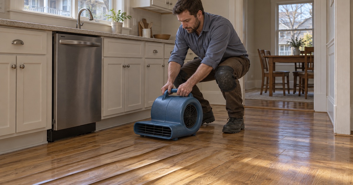 Worker setting an air mover to dry cupped oak boards in a Medford kitchen after a dishwasher overflow.