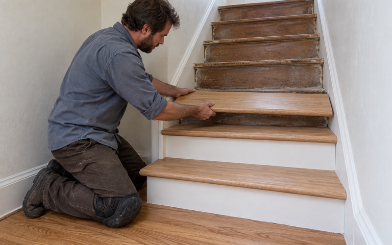 Worker setting a new oak tread with a rounded nosing onto an old stair after the carpet came off in a Medford house.