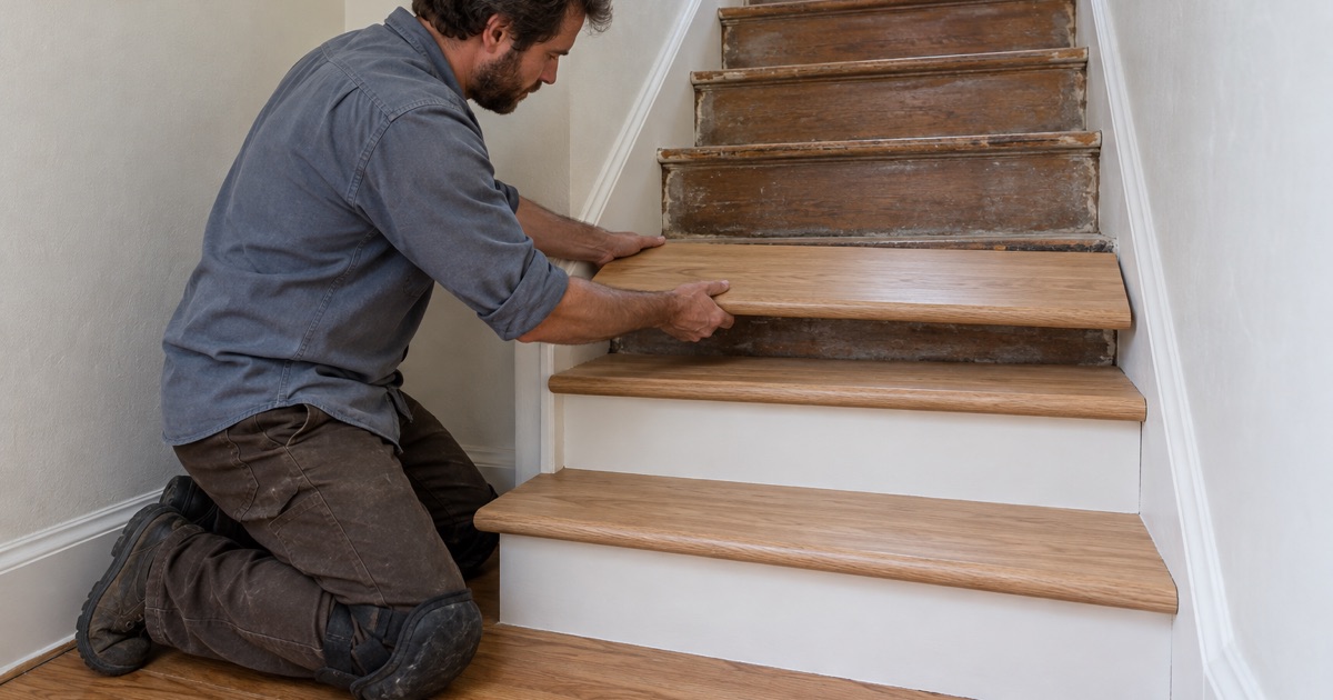 Worker setting a new oak tread with a rounded nosing onto an old stair after the carpet came off in a Medford house.