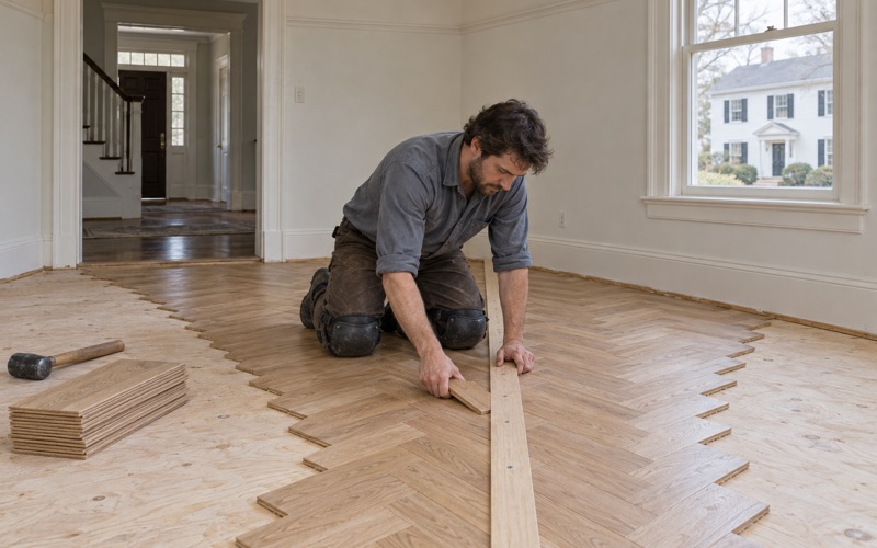 Worker setting new white oak herringbone slats along a centerline in the dining room of an older Colonial Revival house in Medford.
