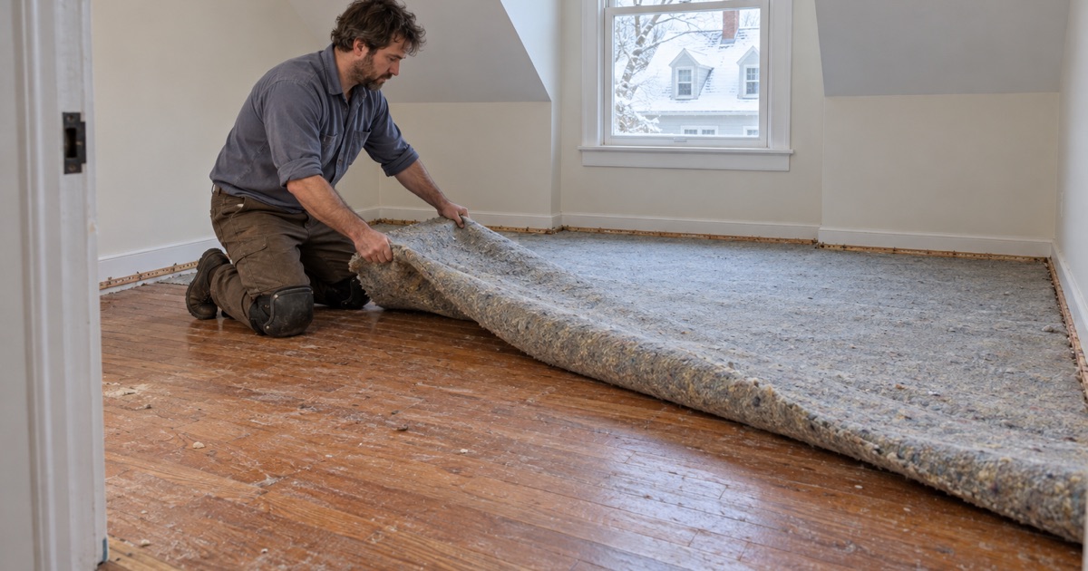 Worker peeling old carpet pad back to uncover oak floors in a bedroom of a postwar house in Medford.