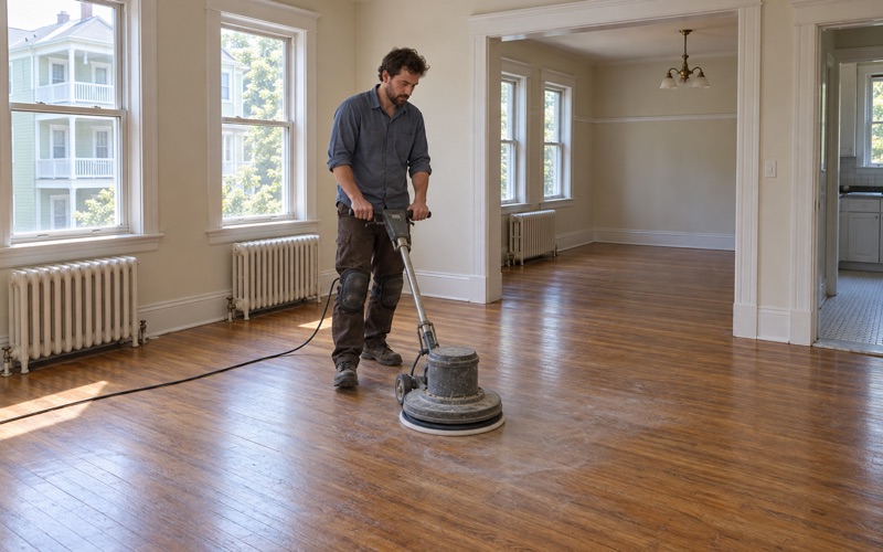 Worker screening a sound red oak floor with a floor buffer before a fresh recoat in a Medford three-decker condominium.