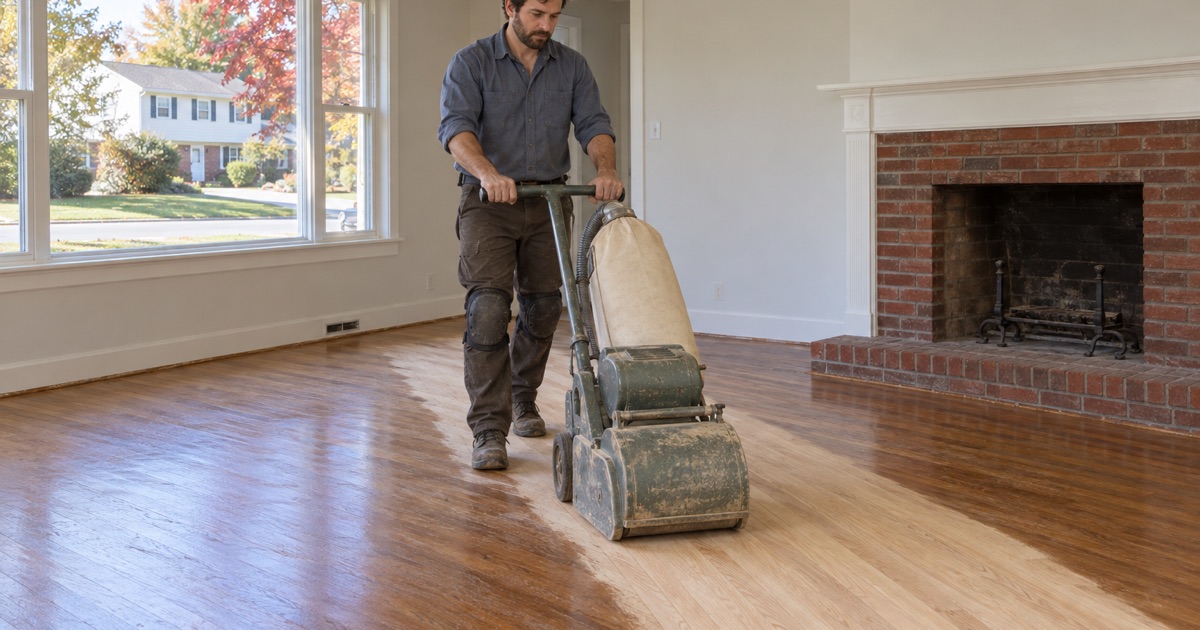Worker sanding a red oak floor with a drum sander in the living room of a Garrison Colonial in Medford.