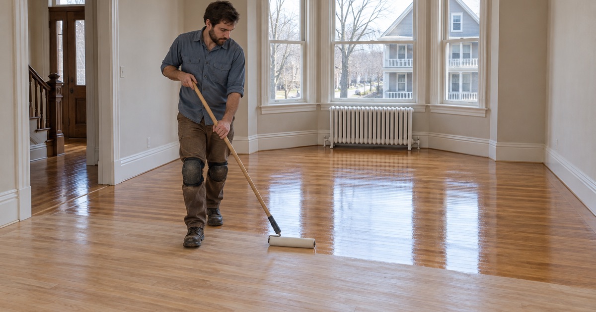 Worker walking backwards while rolling clear finish onto sanded red oak floors in the bay-windowed parlor of a Victorian house in Medford.